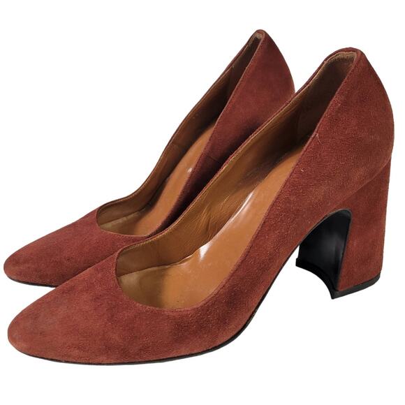 Aquatalia Neely Suede Heels Brown Leather Block Almond Semi Pointed Toe Italy 7 - Picture 1 of 14